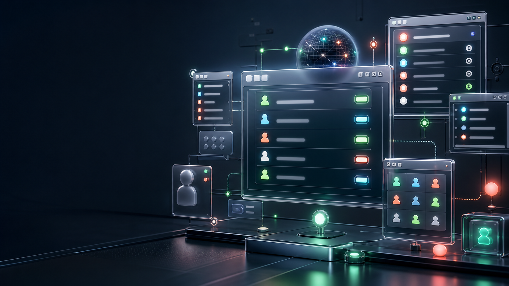 Stylized presence dashboard with colorful online status indicators.